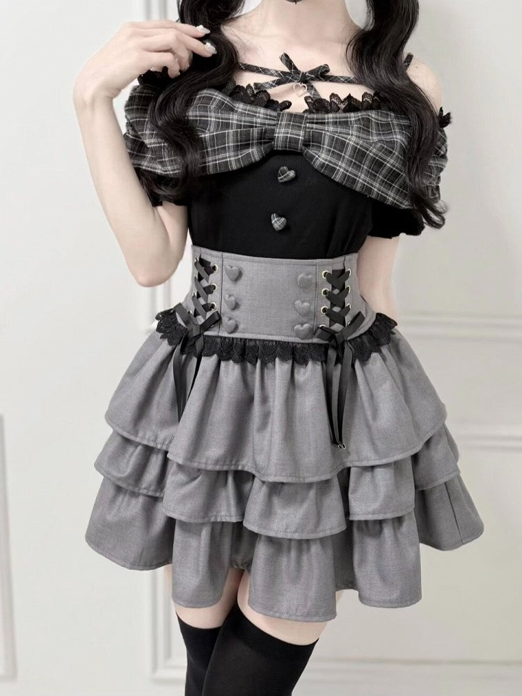 Black Plaid Lace Off-Shoulder Knit Tee - nekura