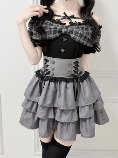 Black Plaid Lace Off-Shoulder Knit Tee - nekura