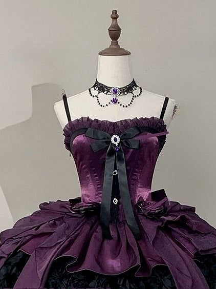 Gothic Details Lace Lolita with Rhinestone Necklace Red/Blue/Purple