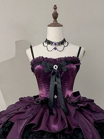 Gothic Details Lace Lolita with Rhinestone Necklace Red/Blue/Purple