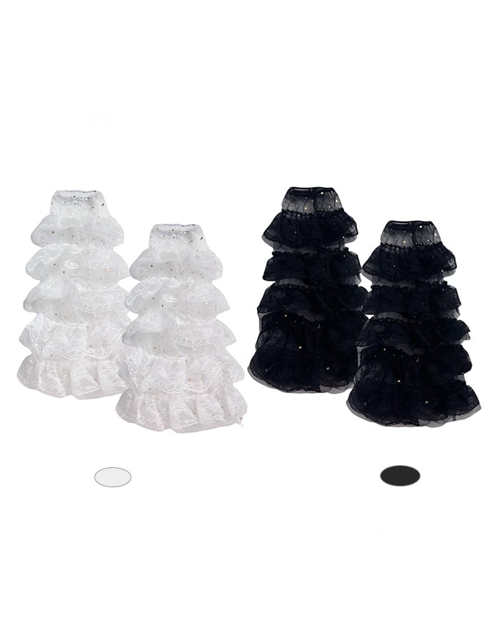 Lace Sequined Leg Y2K White/Black Warmers Ruffle Multi-Layer
