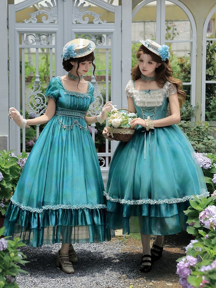 Teal Flutter-Sleeve JSK Dress with Lace-Up Back and Tiered Skirt - With PUJI