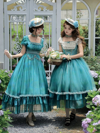 Teal Flutter-Sleeve JSK Dress with Lace-Up Back and Tiered Skirt - With PUJI