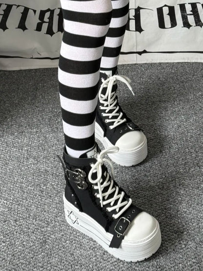 Black Boots Bullhorn Platform White Punk Sole Buckle - with Canvas