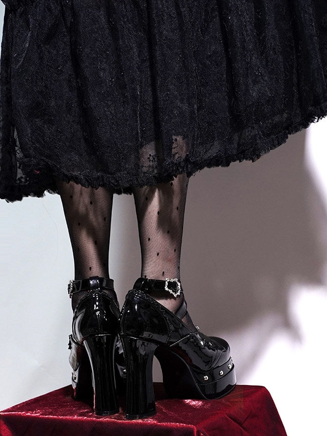 Block - High Coffin-shaped Gothic Platform Buckle Heels Polished Black