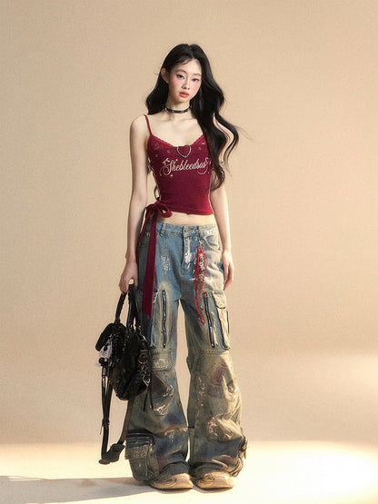 サイドキャミワインレッドVネックグラマラスクロップトップ、大きなリボン付き