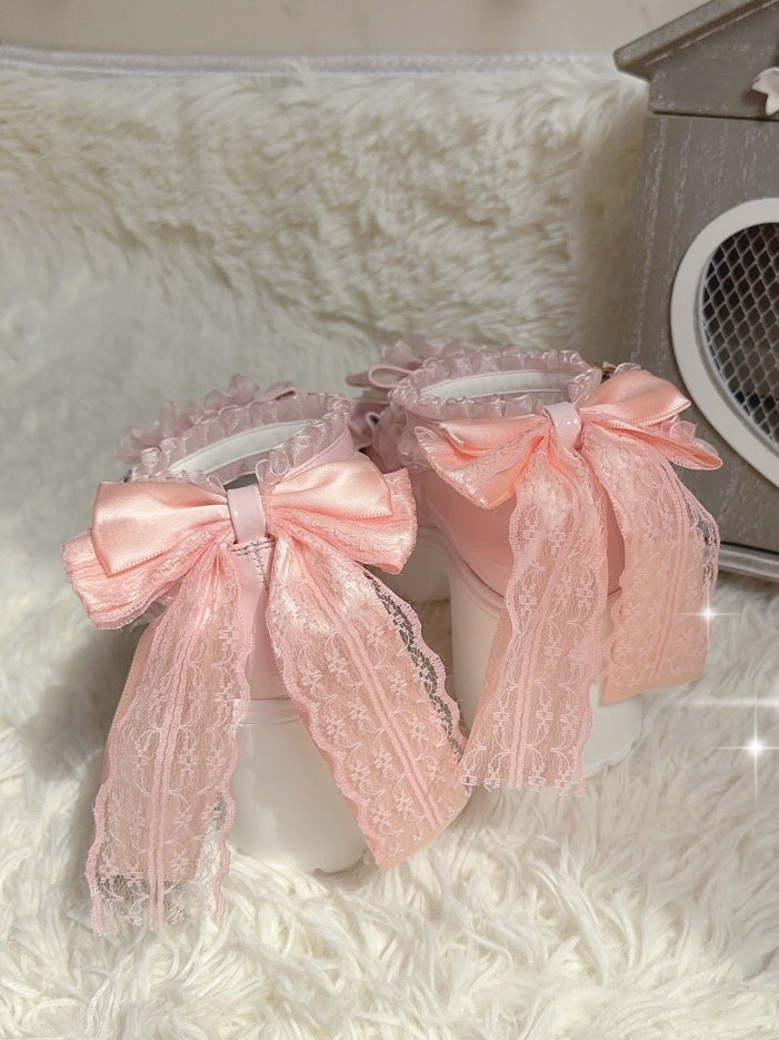 Straps High Kei Ruffled Applique Top Shoes in with Jirai Lace Block Heart Bow Pink Detailed Heel - Platform
