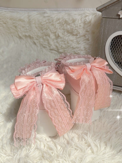 Straps High Kei Ruffled Applique Top Shoes in with Jirai Lace Block Heart Bow Pink Detailed Heel - Platform