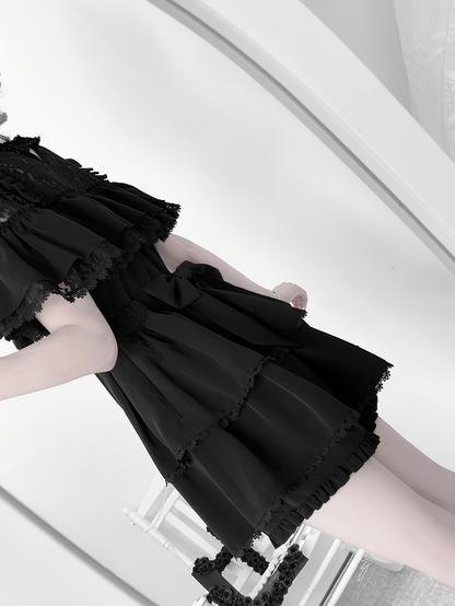 Black Jirai Kei Short Sleeve Two-Piece Set: Criss-Cross Illusion Neck Dress & Coord Shorts