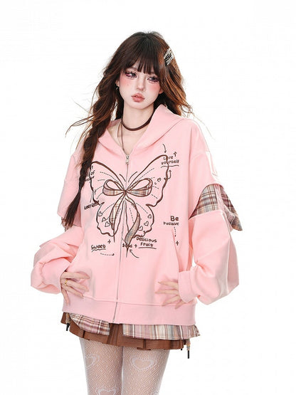 Rosa karierter Patches Schmetterling Reißverschluss Lockerer Hoodie