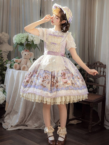 Purple Sweet Lolita Bear Motif Floral JSK Gown with Embroidery & Tulle Layer - Stars Fall on the Foggy Island