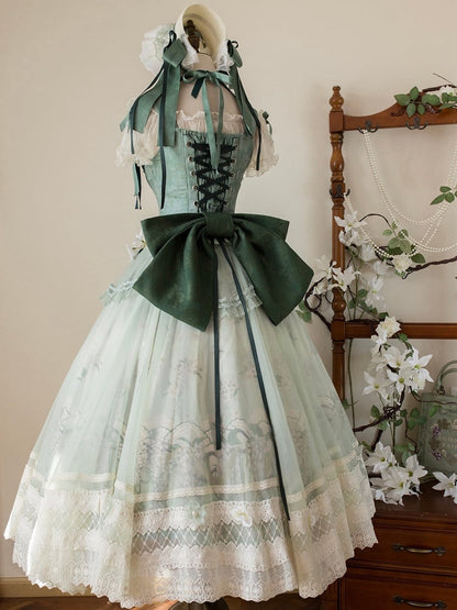 Dekoration Set Jasmin Print Top Grün Rock Lolita Korsett Klassische Lange Floral +