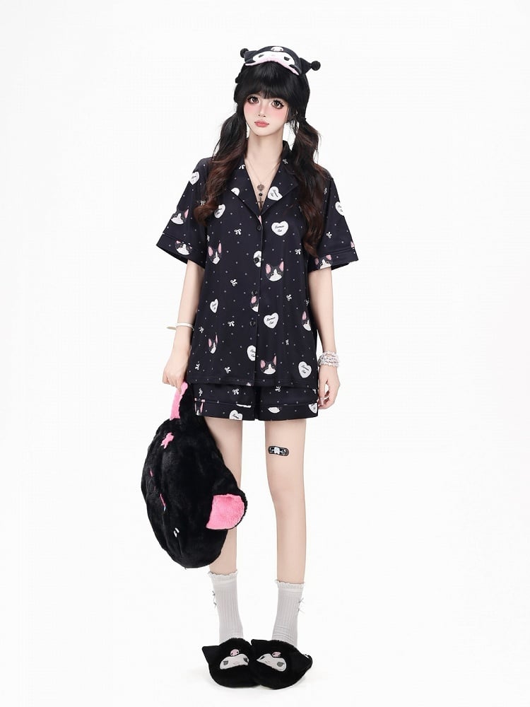 Black Cute Otaku Kitten Print Short Lounge Wear Two-Piece Set - Short-Sleeve Top + Shorts - CRAZY GIRL