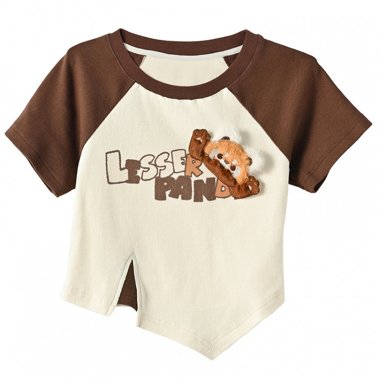 Long/Short Fashion Version T-Shirt with Detachable Plush Red Millard Panda Brown