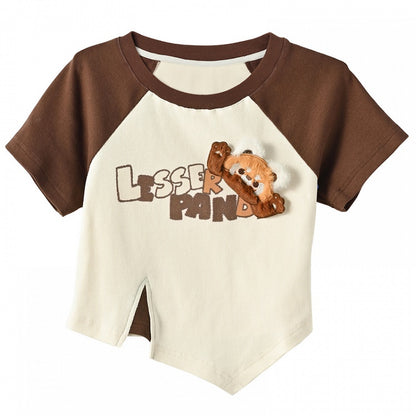 Long/Short Fashion Version T-Shirt with Detachable Plush Red Millard Panda Brown
