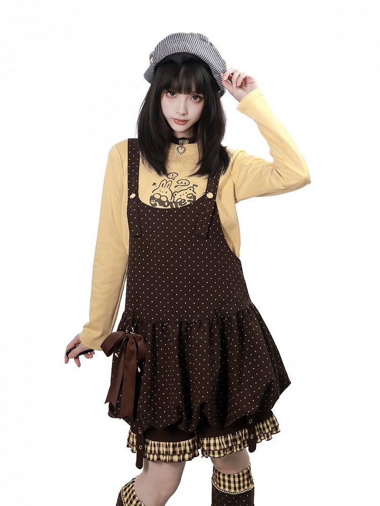 Kawaii Coffee Polka Dot Bubble Overall Skirt with Star Bow Charms - PINK SAVIOR