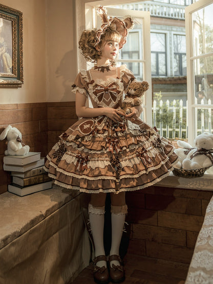 Eine Schleife Rüschen Lolita Sweet Bunny Thema Kleid braun Akzente Stück Prinzessin