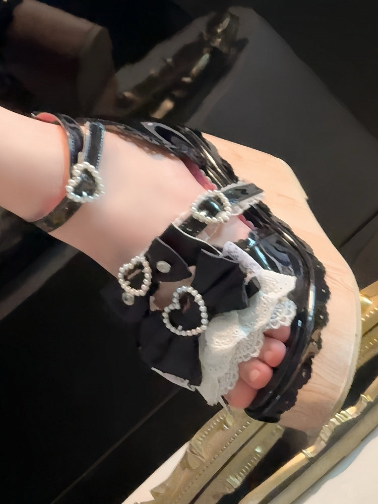 Beaded - Sandals Black Platform Showa-style Buckles Wedge Heart