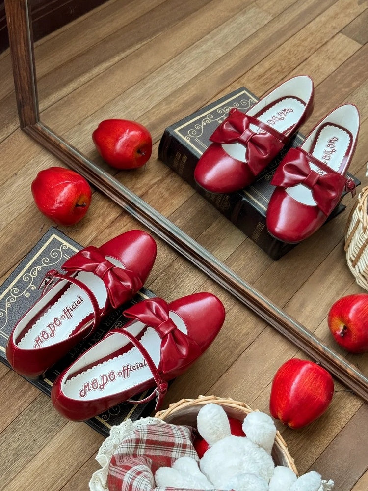 Heel Bow PU Heart Red Lolita Mid with Elegant - Buckle Mary Accents Janes