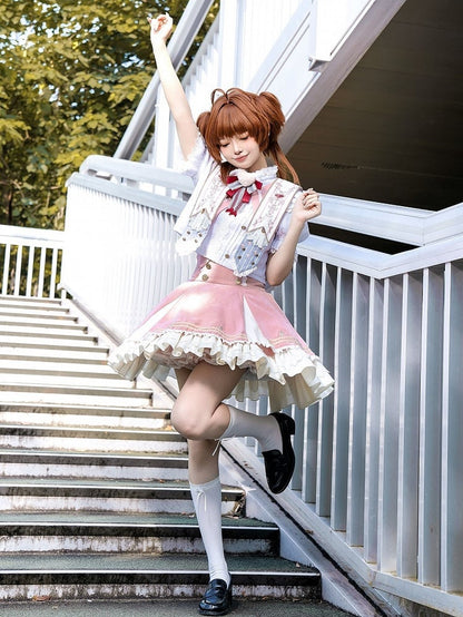 Leg Lolita Warmers Pink + Blouse Set Collar Skirt Ruffled Detachable