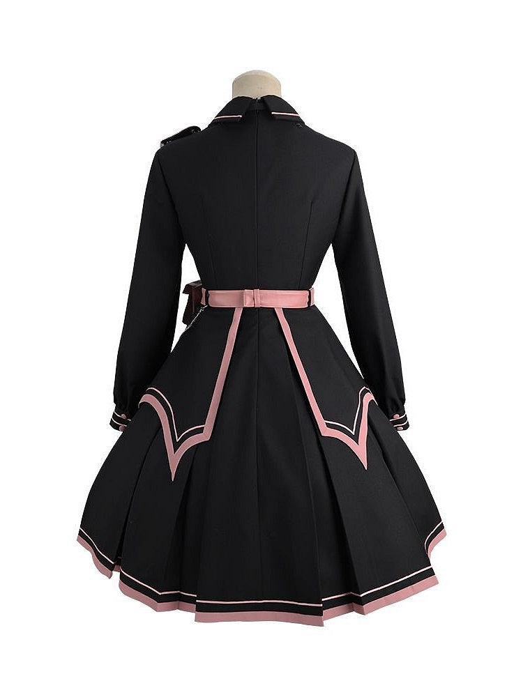 Pink with Military and Design Belt V-neck Lolita Black Ruffled Dress Details Buttons