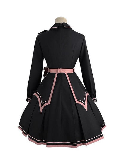 Pink with Military and Design Belt V-neck Lolita Black Ruffled Dress Details Buttons