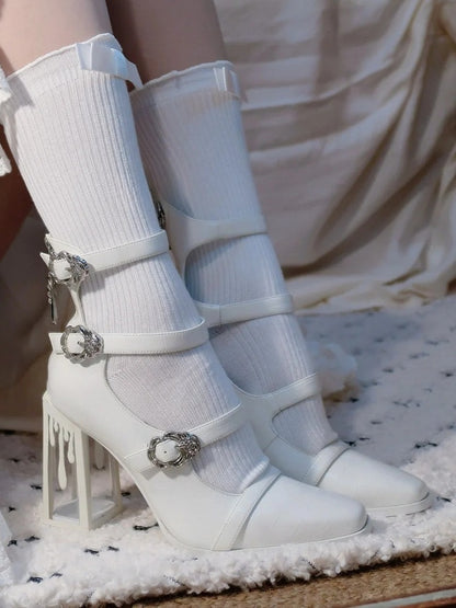 Matte White Gothic Crocodile Buckle Straps Blood Drip High Block Heels