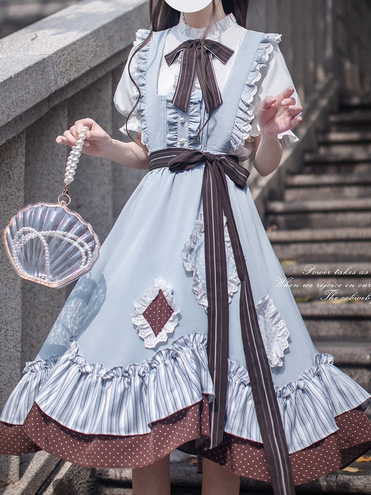 Appliques Alice in Wonderland Vibes Sweet Lolita Jumper with in Blue Skirt Diamond