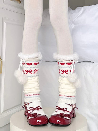 Trim with Heart and Warmers White Bow Leg Patterns Red Knitted Pom-pom Fleece