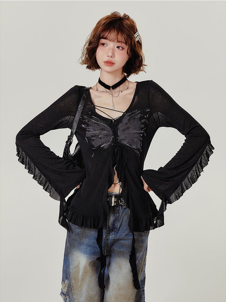 Black Butterfly Print Long Sleeve V-neck Knit Cardigan with Inner Top - Girlyhalo