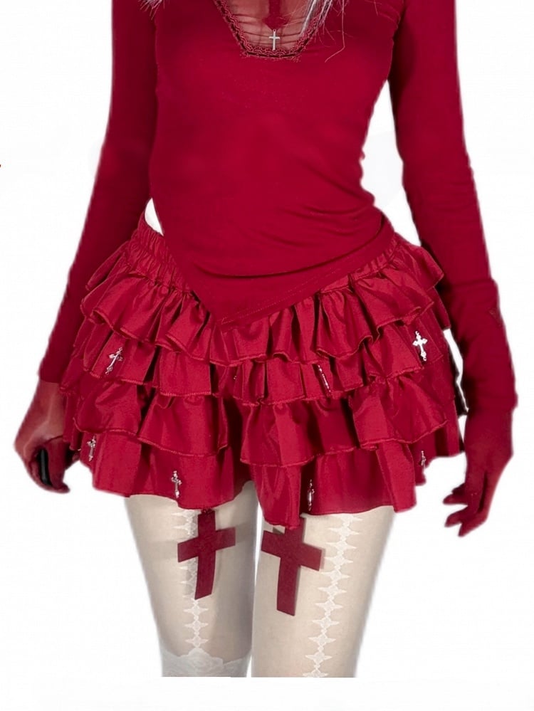 Mini with Gothic Bloomers Cross Skort Charms Built-in Red Tiered