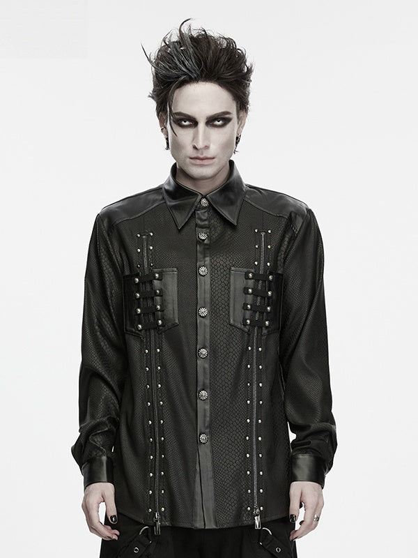 Snake Pattern Studded Black Men's Punk Shirt - Punk Rave