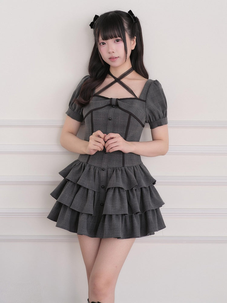 Jirai Kei Black Plaid Halter Layered Ruffle Dress with Matching Shorts - No Genki
