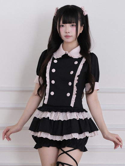 Black Pink Jirai Kei Double-Breasted Ruffled Crop Top - No Genki