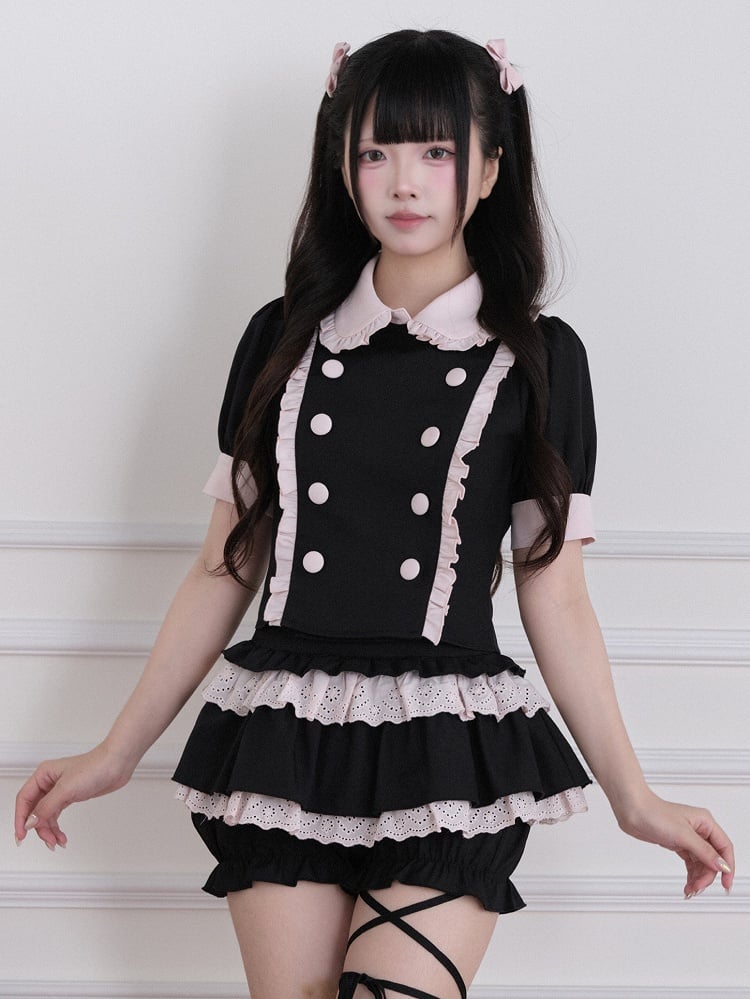 Black & Pink Jirai-Kei Double-Breasted Short-Sleeve Top, Ruffled Detail - No Genki