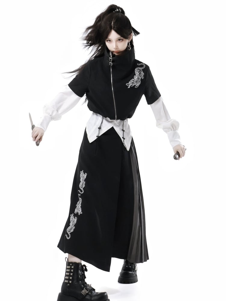 Tiger Embroidery Black Pleated Wide Leg Pants Side - PINK SAVIOR