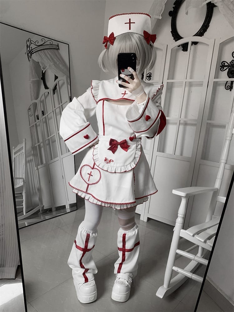 Cap Bow Nurse White Embroidery and Cross Decoration Red for Halloween with