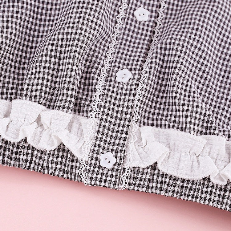 Black & White Gingham Peter Pan Collar Puff-Sleeve Blouse - serendipity