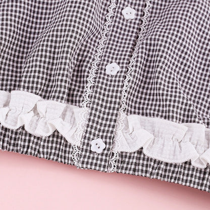 Black & White Gingham Peter Pan Collar Puff-Sleeve Blouse - serendipity