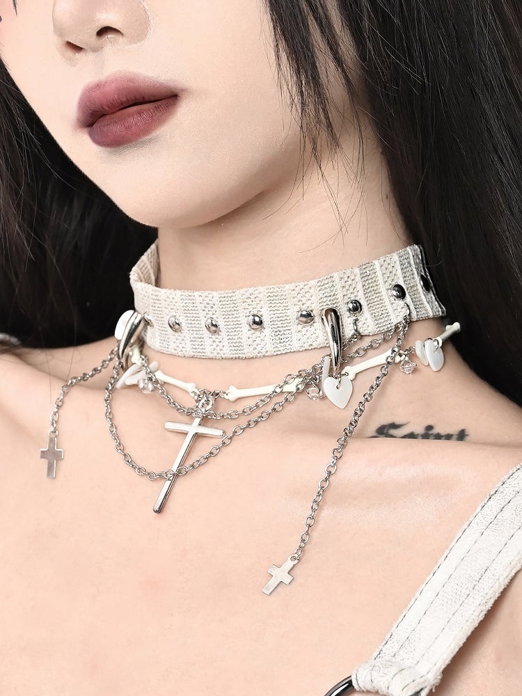 White Punk Stud Cross Pendants Choker