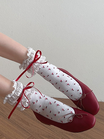 Socks Lolita WhiteRed Trim Print Lace Floral