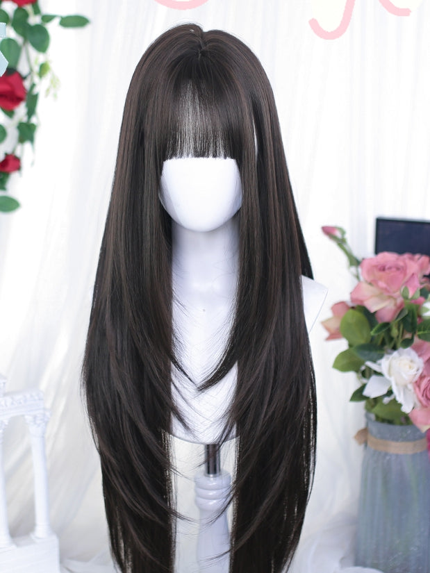 Straight Long Bangs Air Wigs 75-80cm With Brown Black/Dark