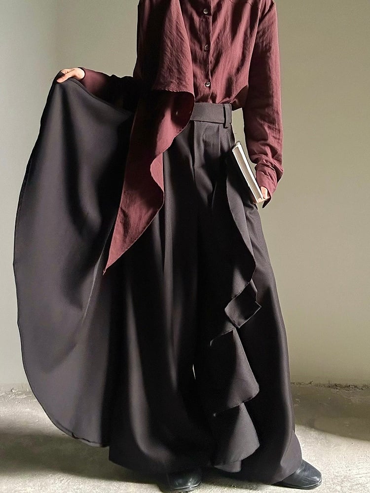 Accents with Zip Black Pants Ruffle Wide-leg Closure Ouji and - Cascading Button