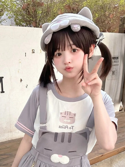 グレーとホワイトのカラーブロックデザイン ラウンドネックTシャツ