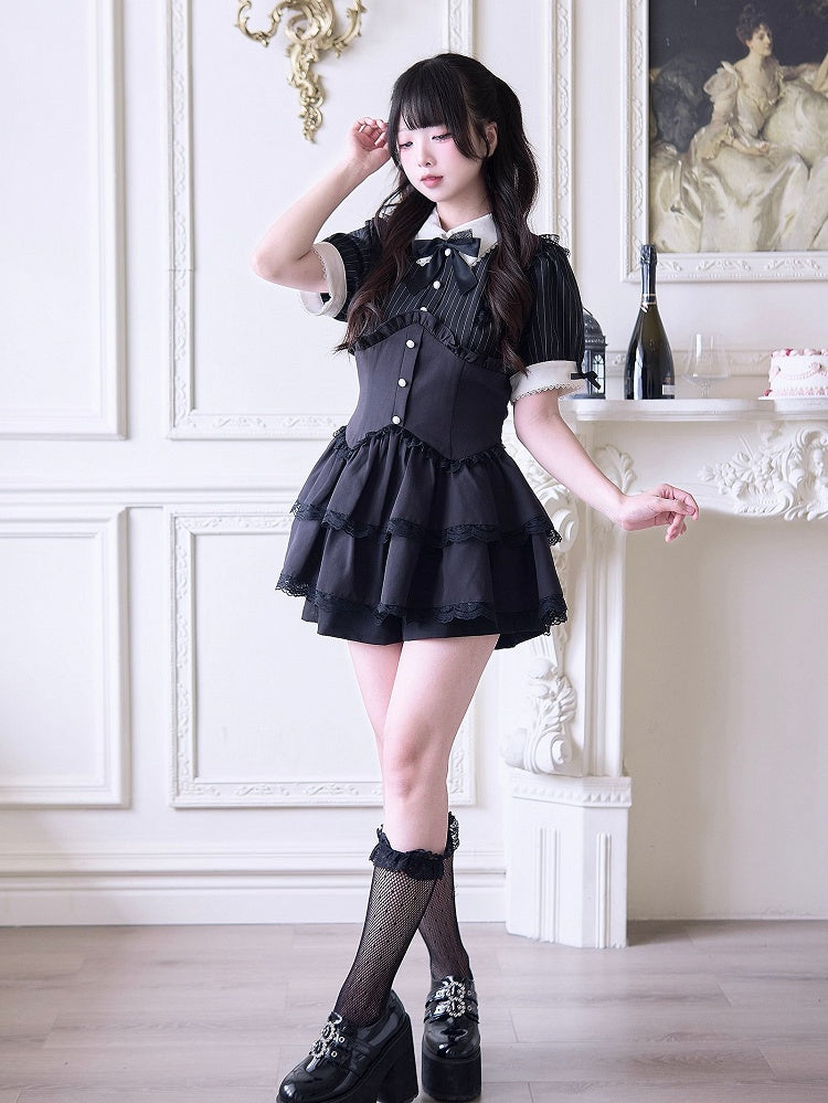Shorts, Faux-Zweiteiler und Kleid, mehrlagiger Kei-Rock, Spitze, schwarzer Jirai-Streifen-Set – Besatz