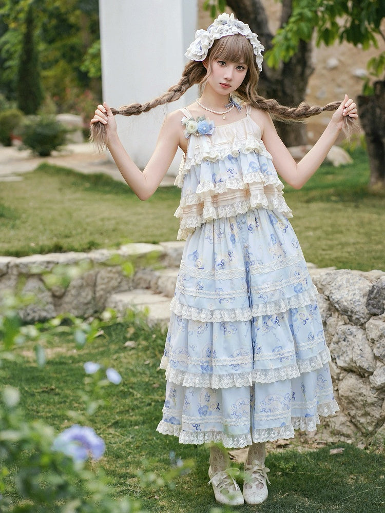 Print Top Cami Blau Floral Beige Stufen und