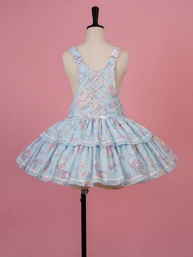Cute Blue Lace Detailed Overall Gown with Detachable Apron Set - Vcastle