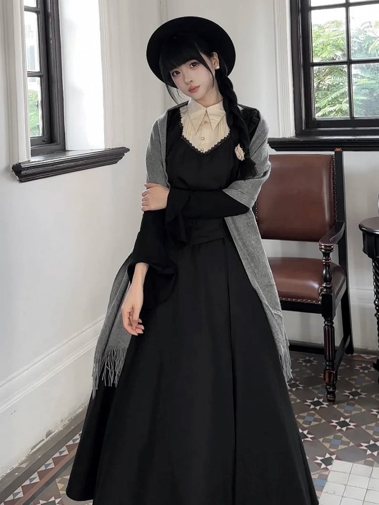 Juliette Lolita High Blouse White Waist Boned Sleeves Set Black Gothic + Corset Skirt Tie Jabot