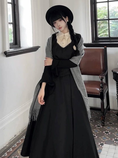 Juliette Lolita High Blouse White Waist Boned Sleeves Set Black Gothic + Corset Skirt Tie Jabot