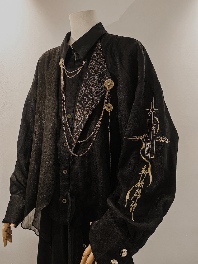 Gothic Chinoiserie Lolita Long Sleeve Blouse and Wide Pants Ensemble - YING YUE